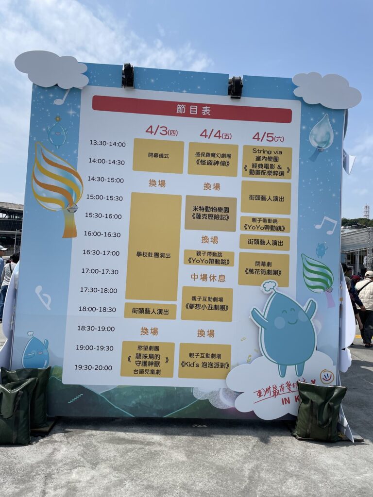 2025 基隆童話藝術節現場的 4 月 3 日至 5 日節目表看板，4 月 4 日列有《怪盜神偷》