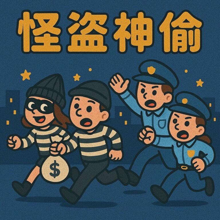 盛保羅魔幻劇團《怪盜神偷》宣傳插畫，警察追著兩個怪盜