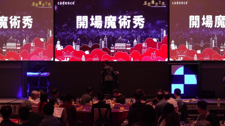 益華電腦 2024 尾牙宴會廳，大螢幕打出「開場魔術秀」，台下圓桌坐著賓客