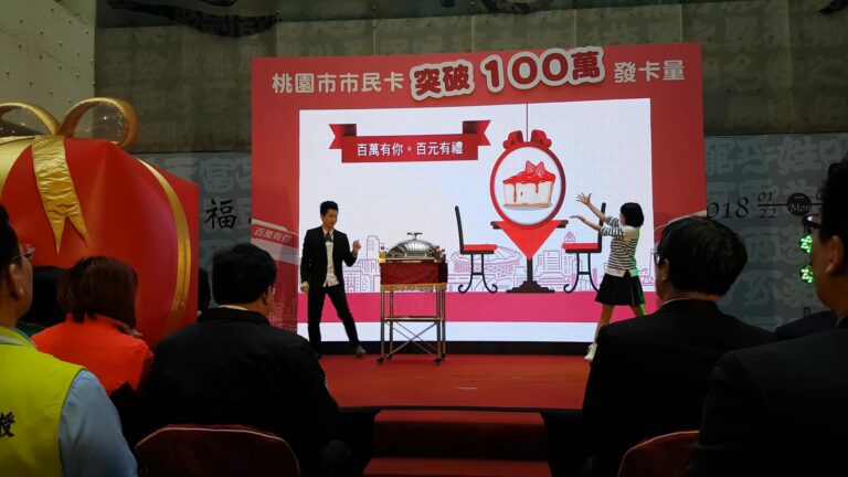 桃園市民卡破百萬記者會,投影圓環畫面前,兩位演出人員在魔術桌兩側互動